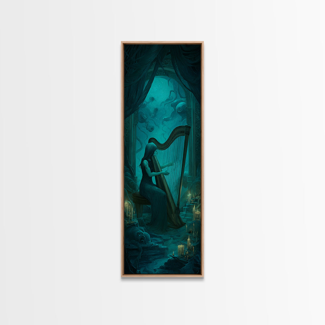 The Harpist Of Abyssal Sleep, Tall Narrow Wall Art, Dark Halloween Decor, Framed Canvas Print, Halloween Wall Decor, Gothic Home Decor