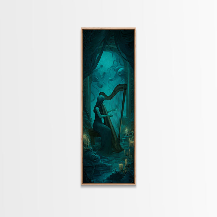 The Harpist Of Abyssal Sleep, Tall Narrow Wall Art, Dark Halloween Decor, Framed Canvas Print, Halloween Wall Decor, Gothic Home Decor