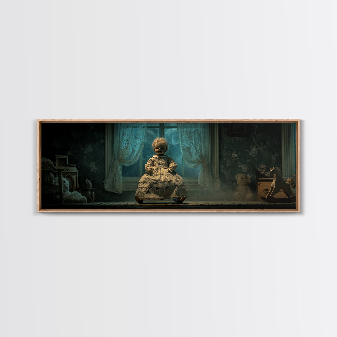 The Doll From Beyond The Void, Extra Wide Wall Art, Spooky Home Decor, Framed Canvas Print, Halloween Wall Decor, Gothic Home Decor