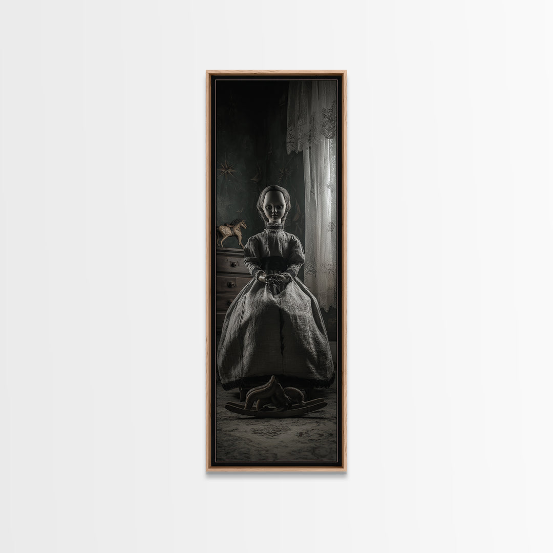 The Doll From Beyond The Void, Tall Narrow Wall Art, Lovecraftian Horror Art, Framed Canvas Print, Halloween Wall Decor, Gothic Home Decor