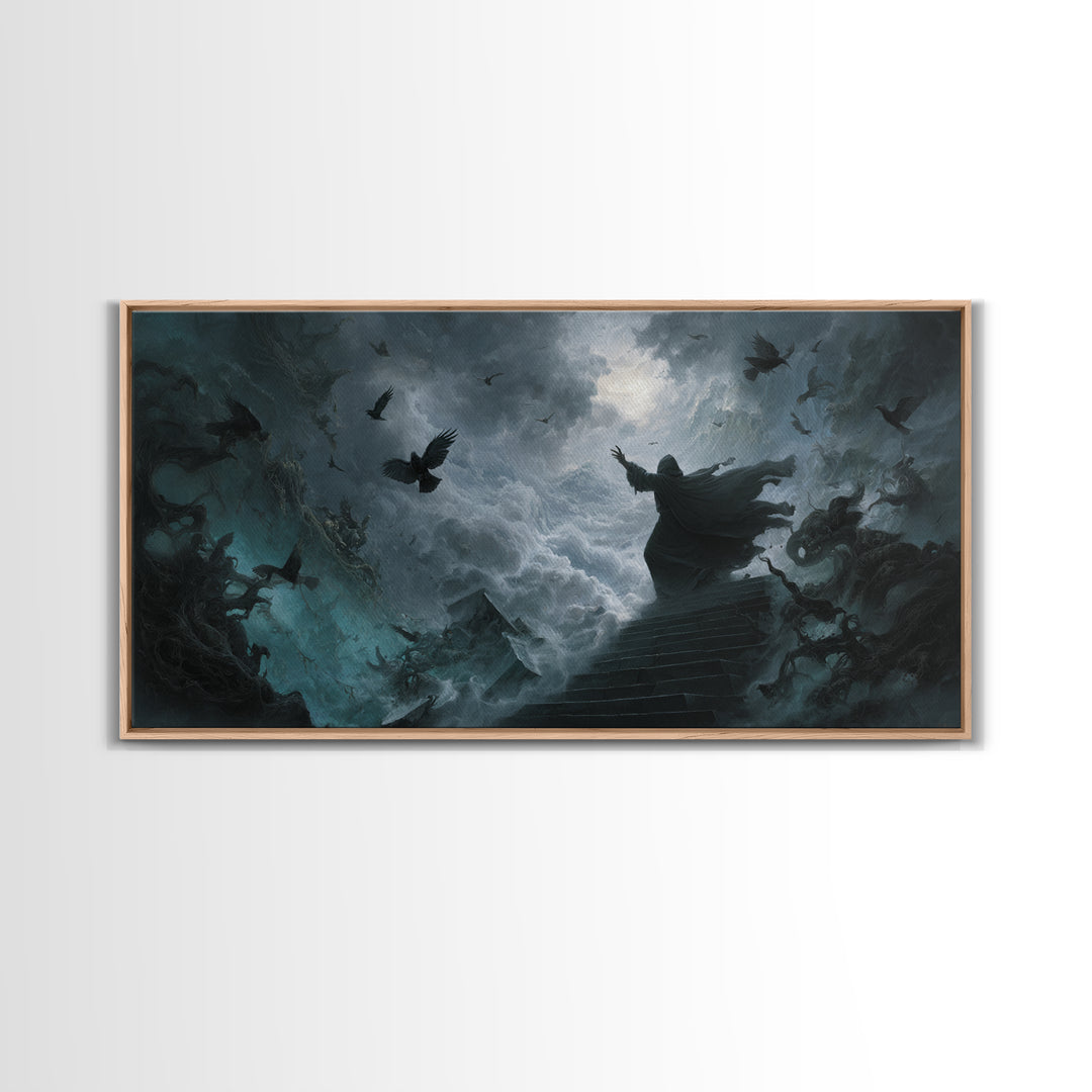 The Raven Sermon Of Leng, Wide Panoramic Art, Lovecraftian Horror Art, Canvas Print, Halloween Wall Decor, Gothic Home Decor