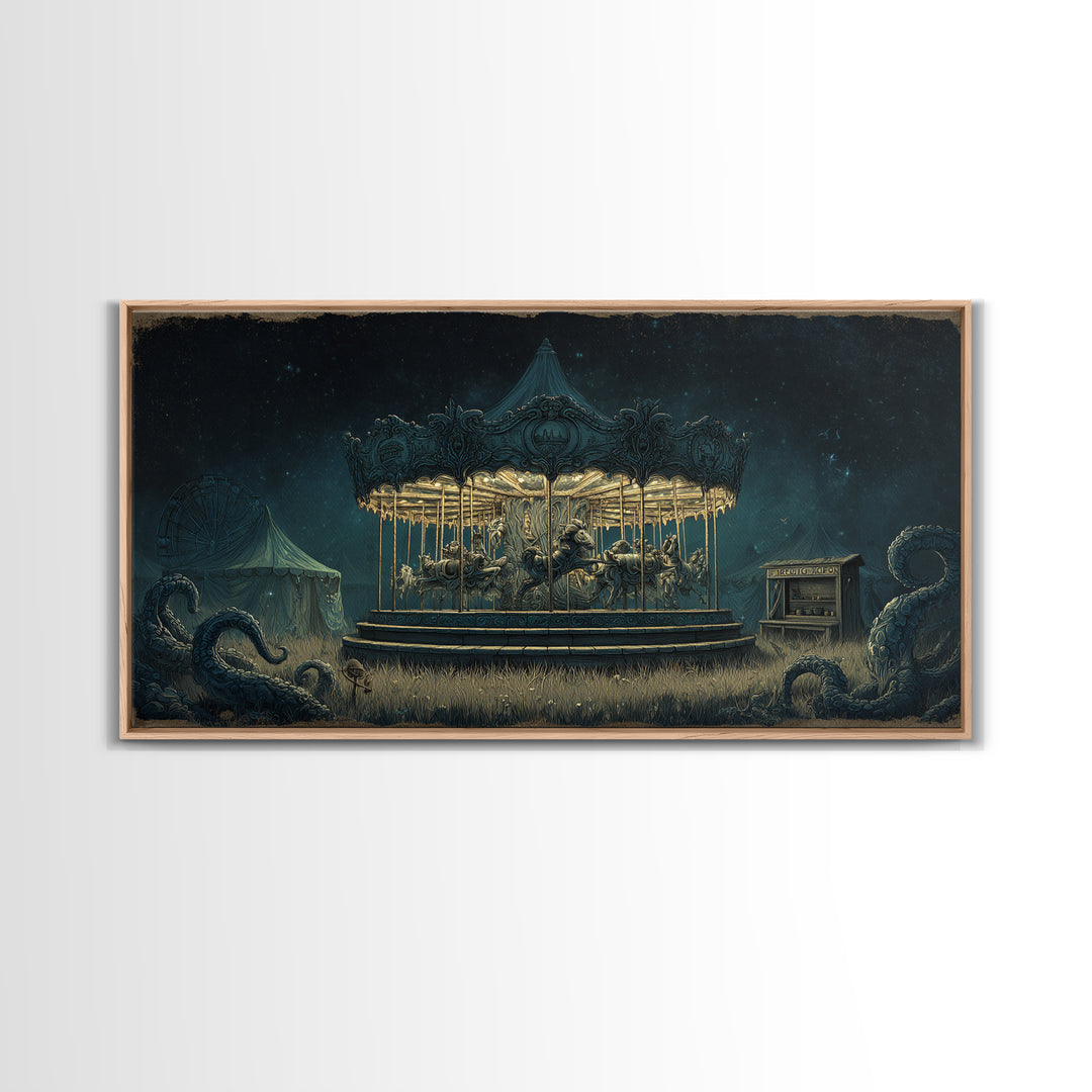 The Carousel Of Sleeping Planets, Wide Panoramic Art, Lovecraftian Horror Art, Canvas Print, Halloween Wall Decor, Gothic Home Decor
