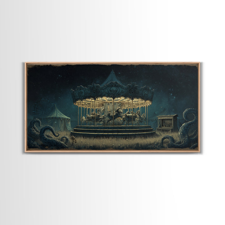 The Carousel Of Sleeping Planets, Wide Panoramic Art, Lovecraftian Horror Art, Canvas Print, Halloween Wall Decor, Gothic Home Decor