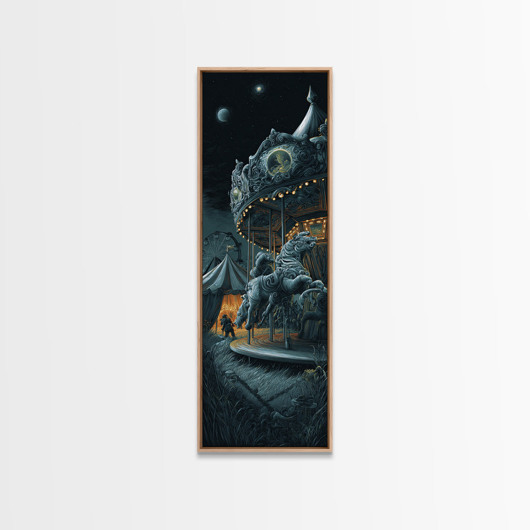 The Carousel Of Sleeping Planets, Tall Narrow Wall Art, Eldritch Gothic Decor, Framed Canvas Print, Halloween Wall Decor, Gothic Home Decor