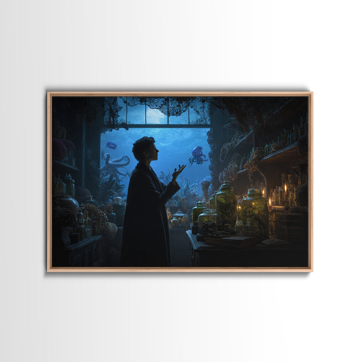 The Apothecary Of Black Seashell Dreams, Landscape Wall Art, Eldritch Gothic Decor, Framed Canvas Print, Halloween Wall Decor