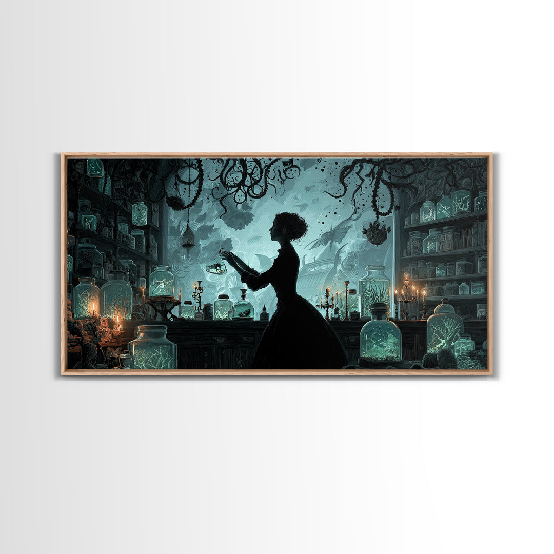 The Apothecary Of Black Seashell Dreams, Wide Panoramic Art, Cosmic Horror Wall Art, Canvas Print, Halloween Wall Decor, Gothic Home Decor