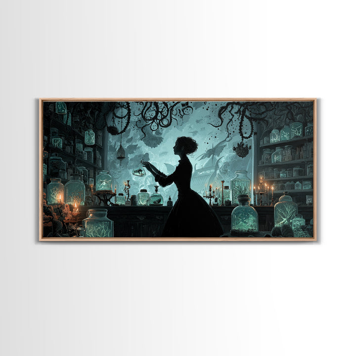 The Apothecary Of Black Seashell Dreams, Wide Panoramic Art, Cosmic Horror Wall Art, Canvas Print, Halloween Wall Decor, Gothic Home Decor