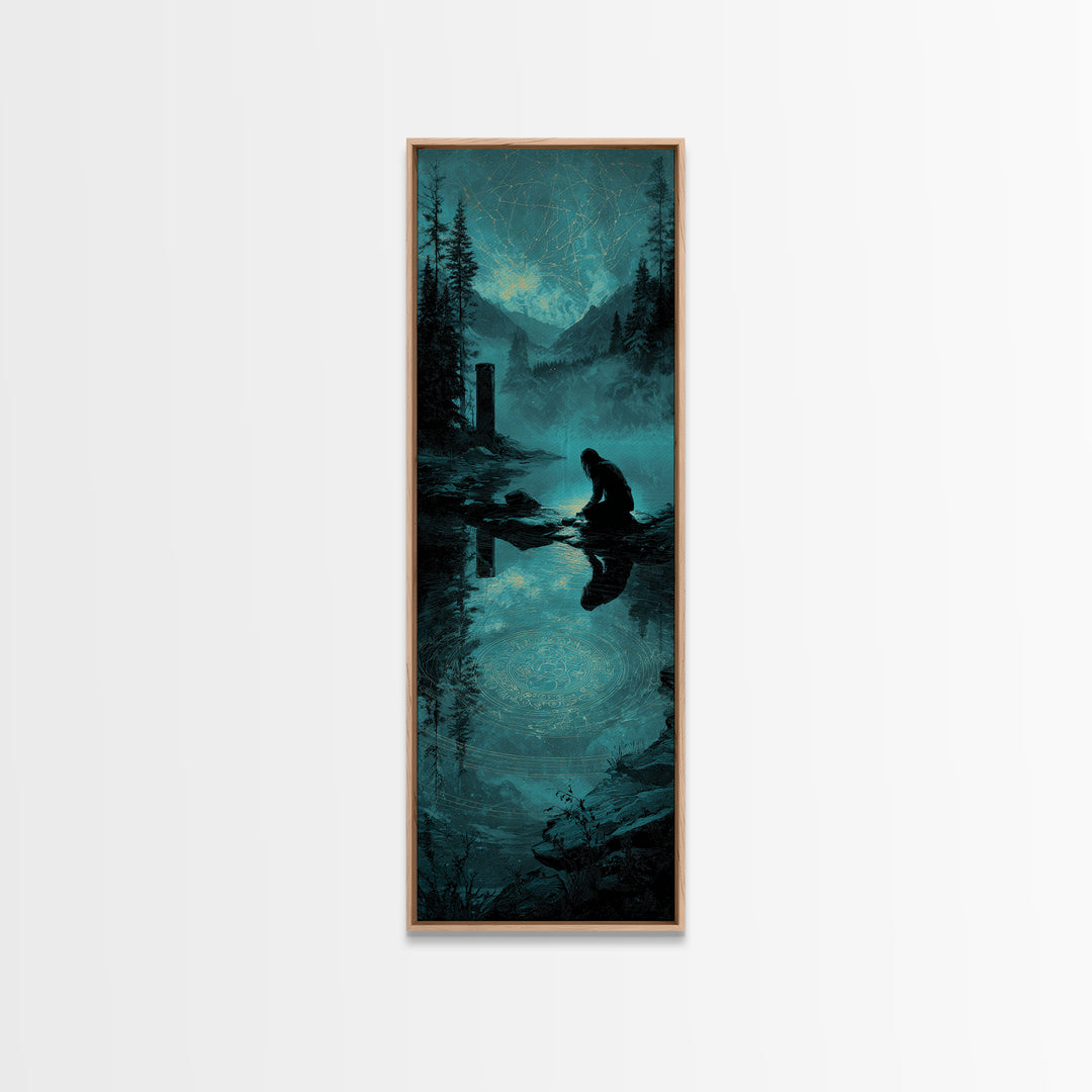 The Mirror Lake Of Lost Constellations, Tall Narrow Wall Art, Dark Fantasy Wall Art, Framed Canvas Print, Halloween Wall Decor
