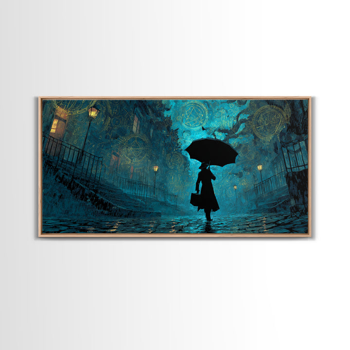 The Umbrella Of The Outer Rain, Wide Panoramic Art, Haunted Gothic Art, Framed Canvas Print, Halloween Wall Decor, Gothic Home Decor