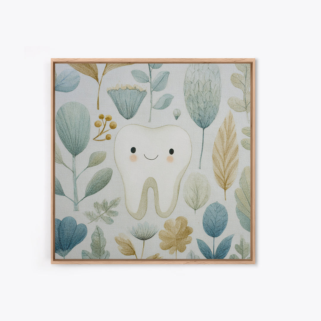 Playful Tooth Shaped Character Framed Canvas Print, Dental Office Art, Dental Wall Art, Office Decor, Abstract Art, Calm, DOA-1x1-6