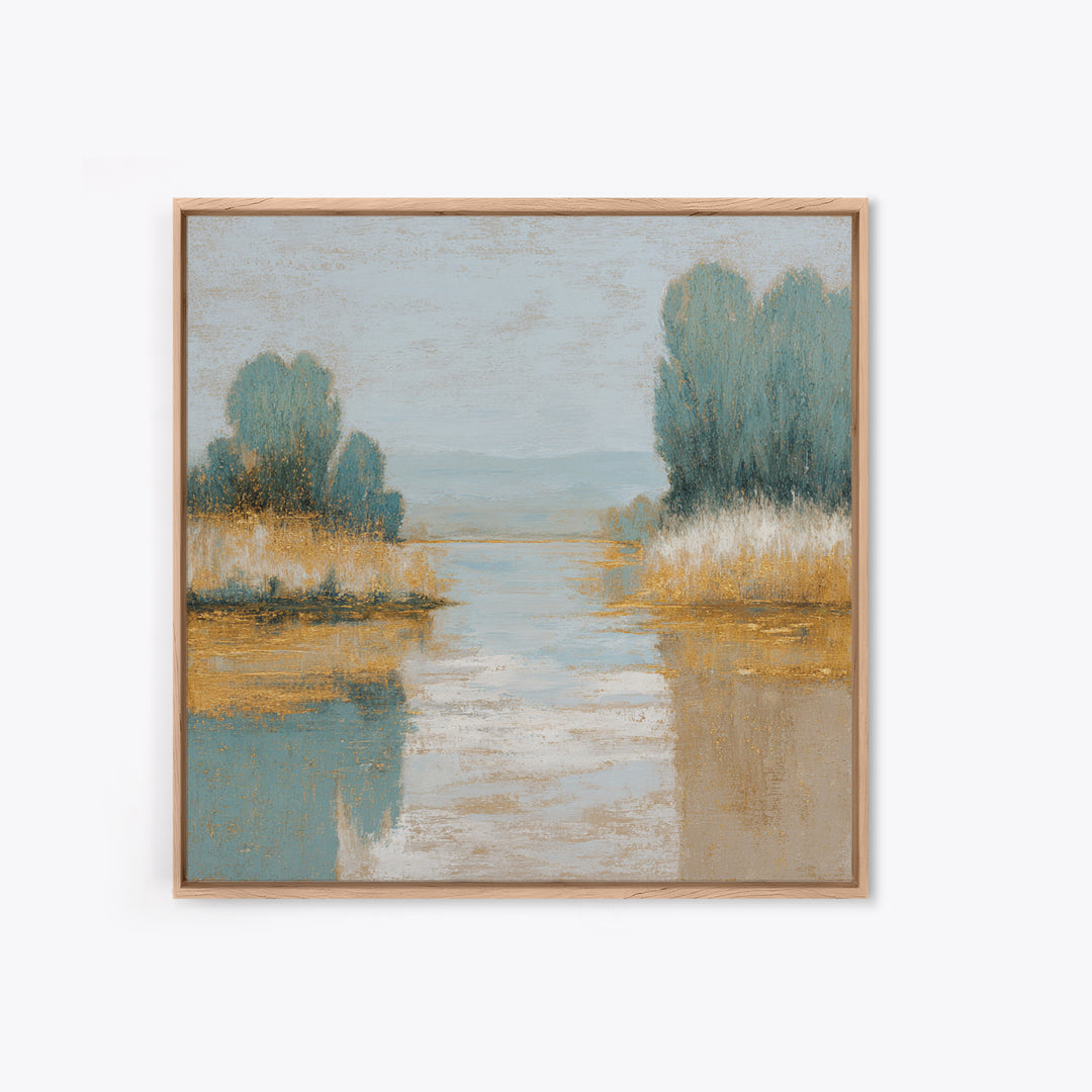 Sunlit Lake with Calming Reflections Framed Canvas Print, Dental Office Art, Dental Gift, Office Decor, Oil Painting, Calm, DOA-1x1-63