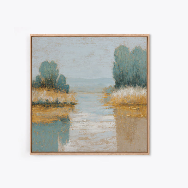 Sunlit Lake with Calming Reflections Framed Canvas Print, Dental Office Art, Dental Gift, Office Decor, Oil Painting, Calm, DOA-1x1-63