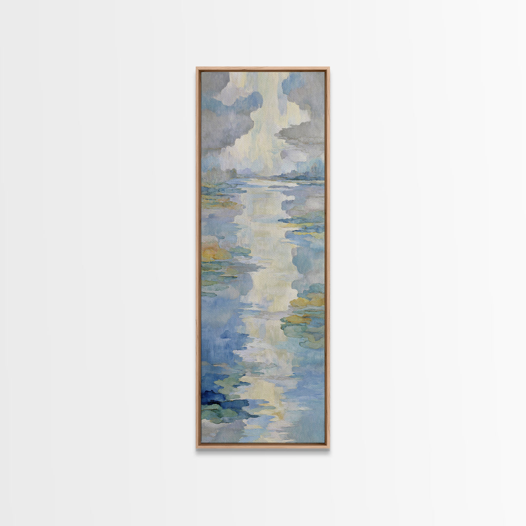 Sunlit Lake with Calming Reflections Framed Canvas Print, Dental Office Art, Wall Art, Office Decor, Oil Painting, Calm, DOA-1x3-75