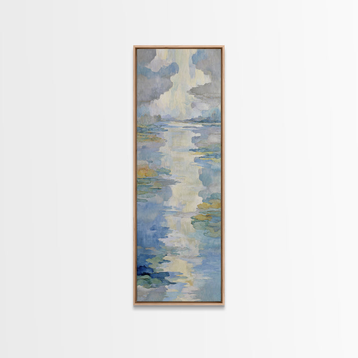 Sunlit Lake with Calming Reflections Framed Canvas Print, Dental Office Art, Wall Art, Office Decor, Oil Painting, Calm, DOA-1x3-75