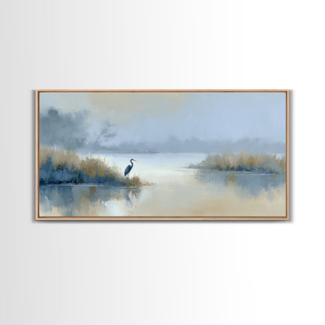 Blue Heron by Calm Marsh Water Framed Canvas Print, Dental Office Art, Tooth Art, Office Decor, Fine Art, Calm, Modern Decor, DOA-2x1-19