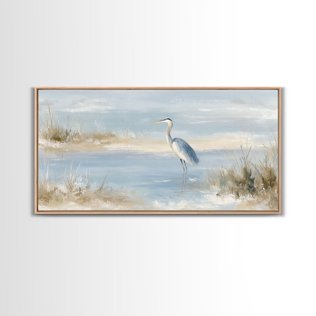 Blue Heron by Calm Marsh Water Framed Canvas Print, Dental Office Art, Contemporary Art, Office Decor, Fine Art, Calm, DOA-2x1-43