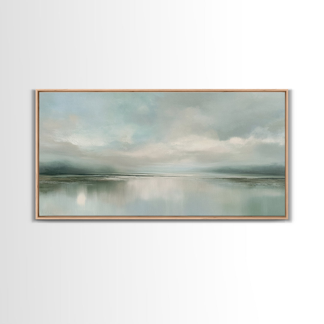 Sunlit Lake with Calming Reflections Framed Canvas Print, Dental Office Art, Boho Decor, Office Decor, Oil Painting, Calm, DOA-2x1-83