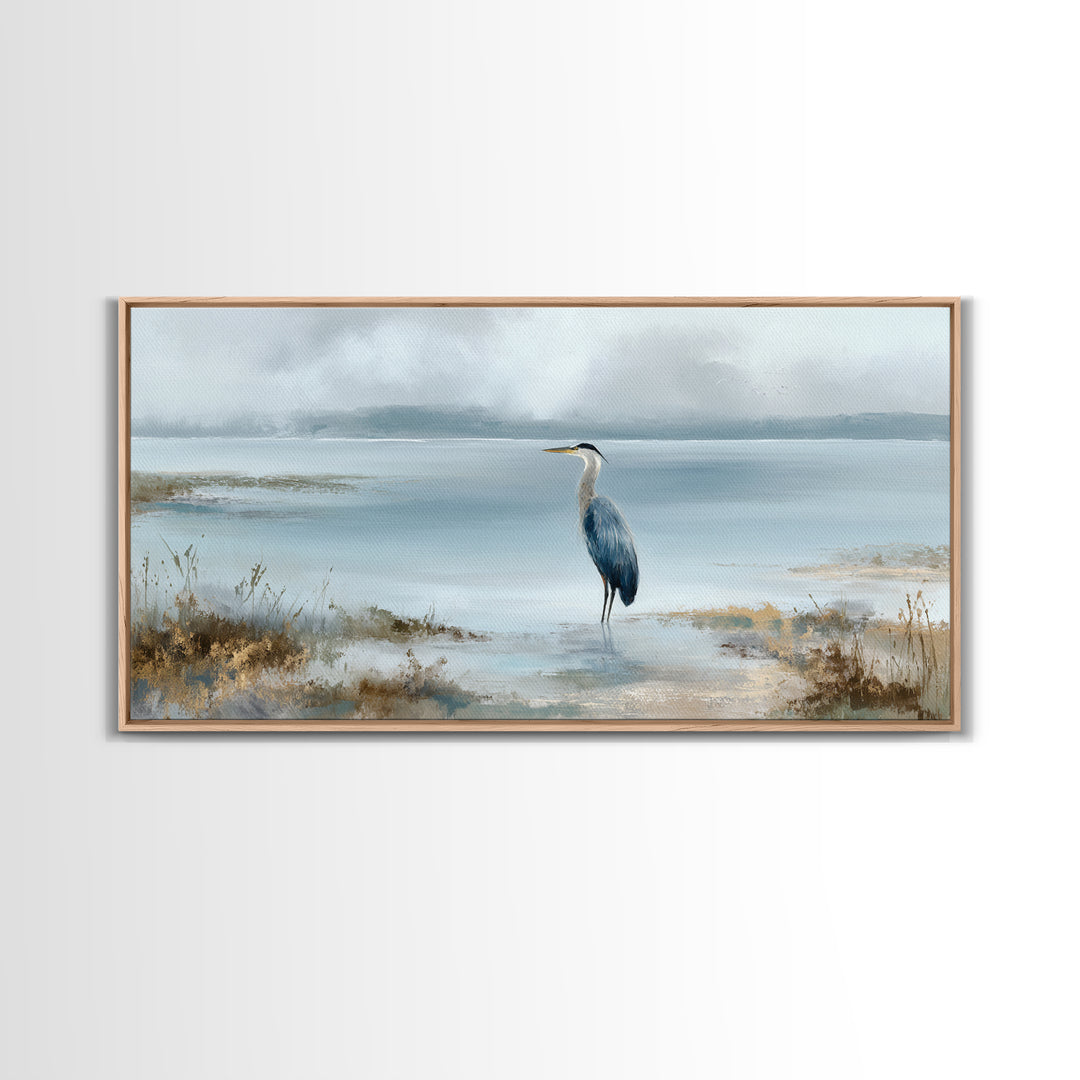 Blue Heron by Calm Marsh Water Framed Canvas Print, Dental Office Art, Contemporary Art, Office Decor, Fine Art, Calm, DOA-2x1-91