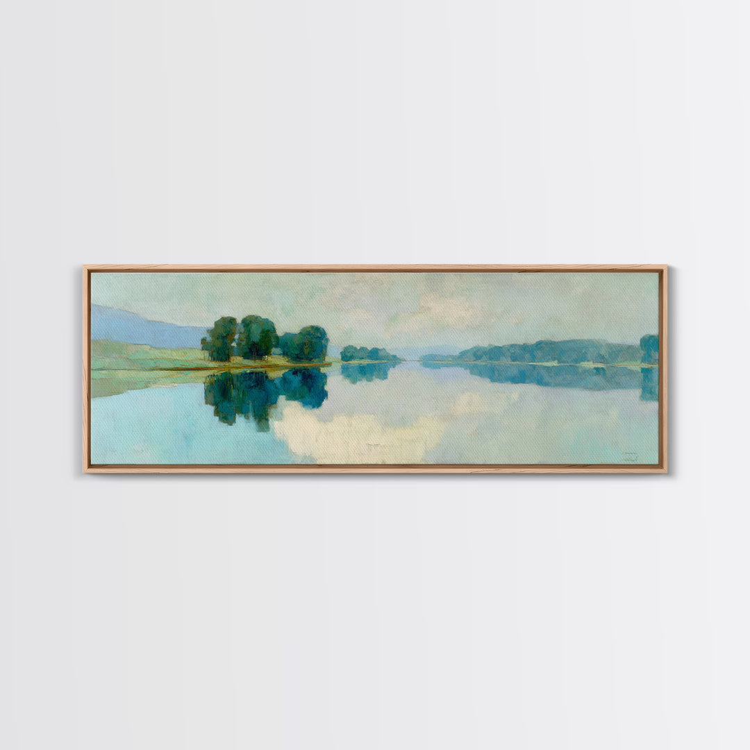 Sunlit Lake with Calming Reflections Framed Canvas Print, Dental Office Art, Boho Decor, Office Decor, Oil Painting, Calm, DOA-3x1-55