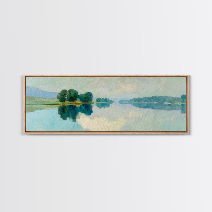 Sunlit Lake with Calming Reflections Framed Canvas Print, Dental Office Art, Boho Decor, Office Decor, Oil Painting, Calm, DOA-3x1-55