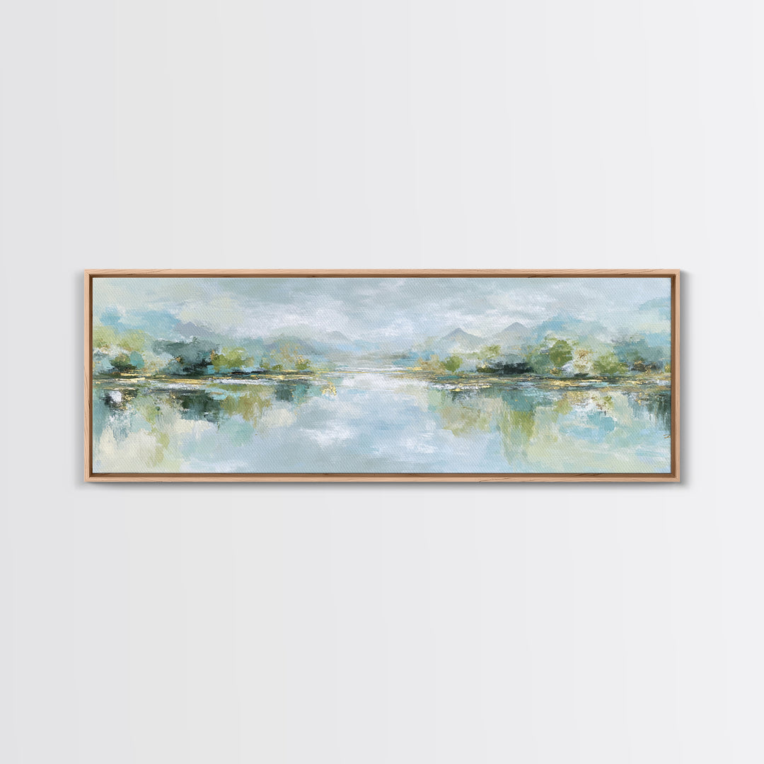 Sunlit Lake with Calming Reflections Framed Canvas Print, Dental Office Art, Dental Gift, Office Decor, Watercolor Art, Calm, DOA-3x1-7