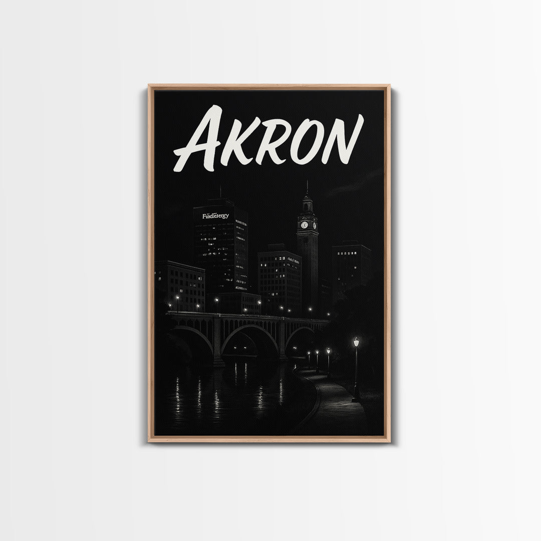 Akron Travel Poster, Canvas Print, Dark Moody City Wall Art, Akron Poster Print, Vintage City Art, City Illustration, Retro Travel Print
