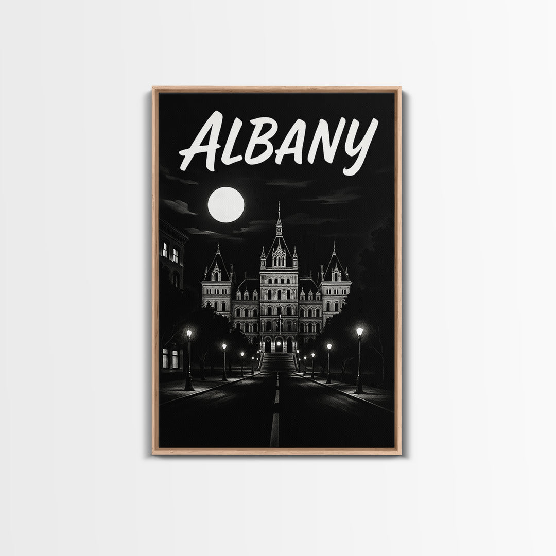 Albany Travel Poster, Framed Canvas Print, Dark Moody City Wall Art, Albany Poster Print, City Art Print, City Travel Prints, Home Decor