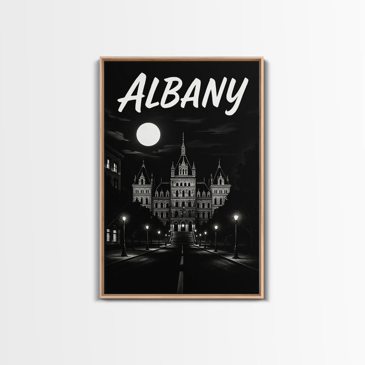 Albany Travel Poster, Framed Canvas Print, Dark Moody City Wall Art, Albany Poster Print, City Art Print, City Travel Prints, Home Decor