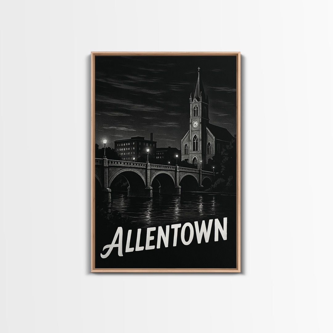 Allentown Travel Poster, Framed Canvas Print, Vintage Noir Poster Art, Allentown City Art, Travel Wall Art, Living Room Wall Art