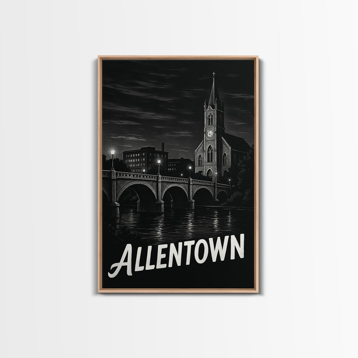 Allentown Travel Poster, Framed Canvas Print, Vintage Noir Poster Art, Allentown City Art, Travel Wall Art, Living Room Wall Art