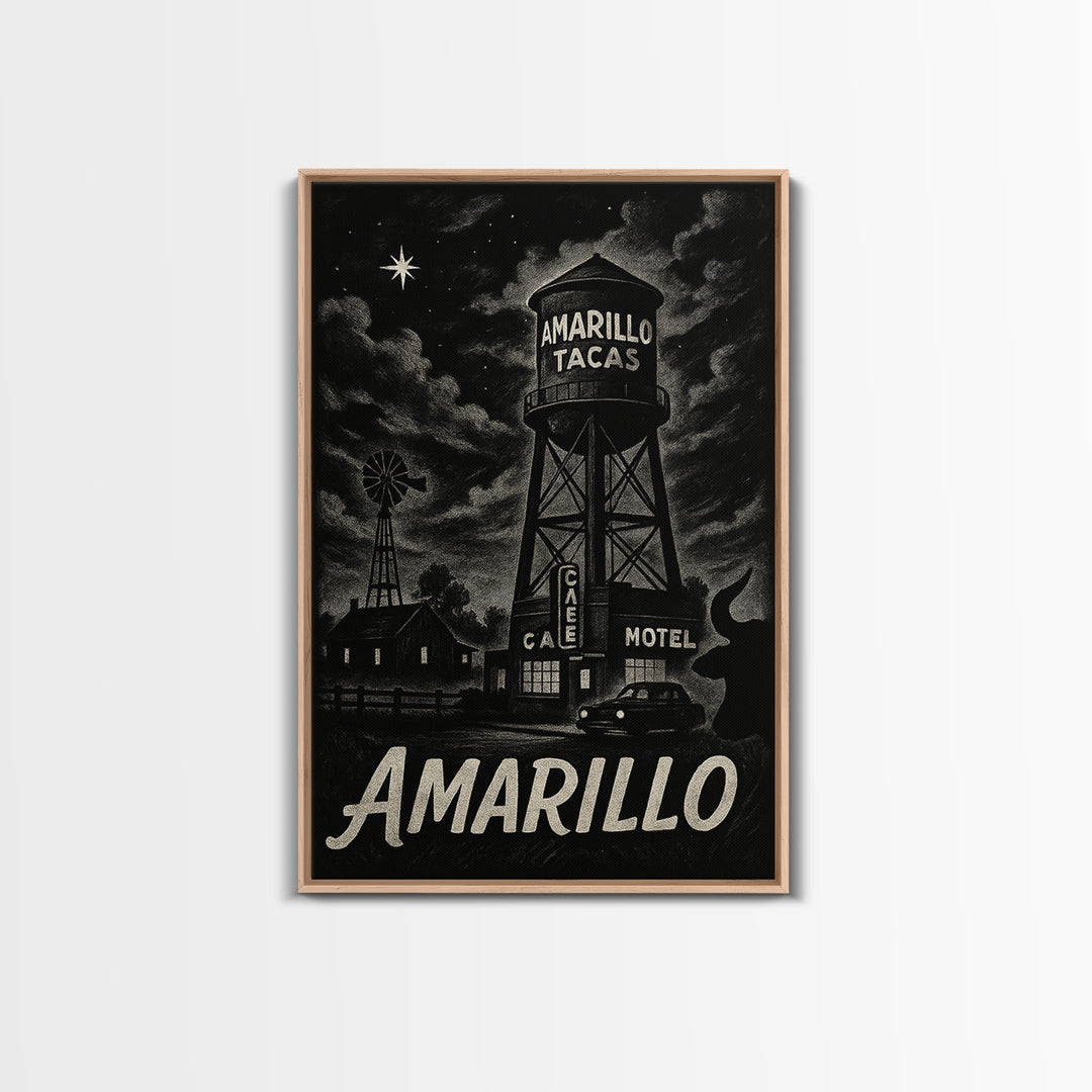 Amarillo Travel Poster, Framed Canvas Print, Vintage Noir Poster Art, Amarillo Travel Art, Vintage City Poster, Retro Travel Print