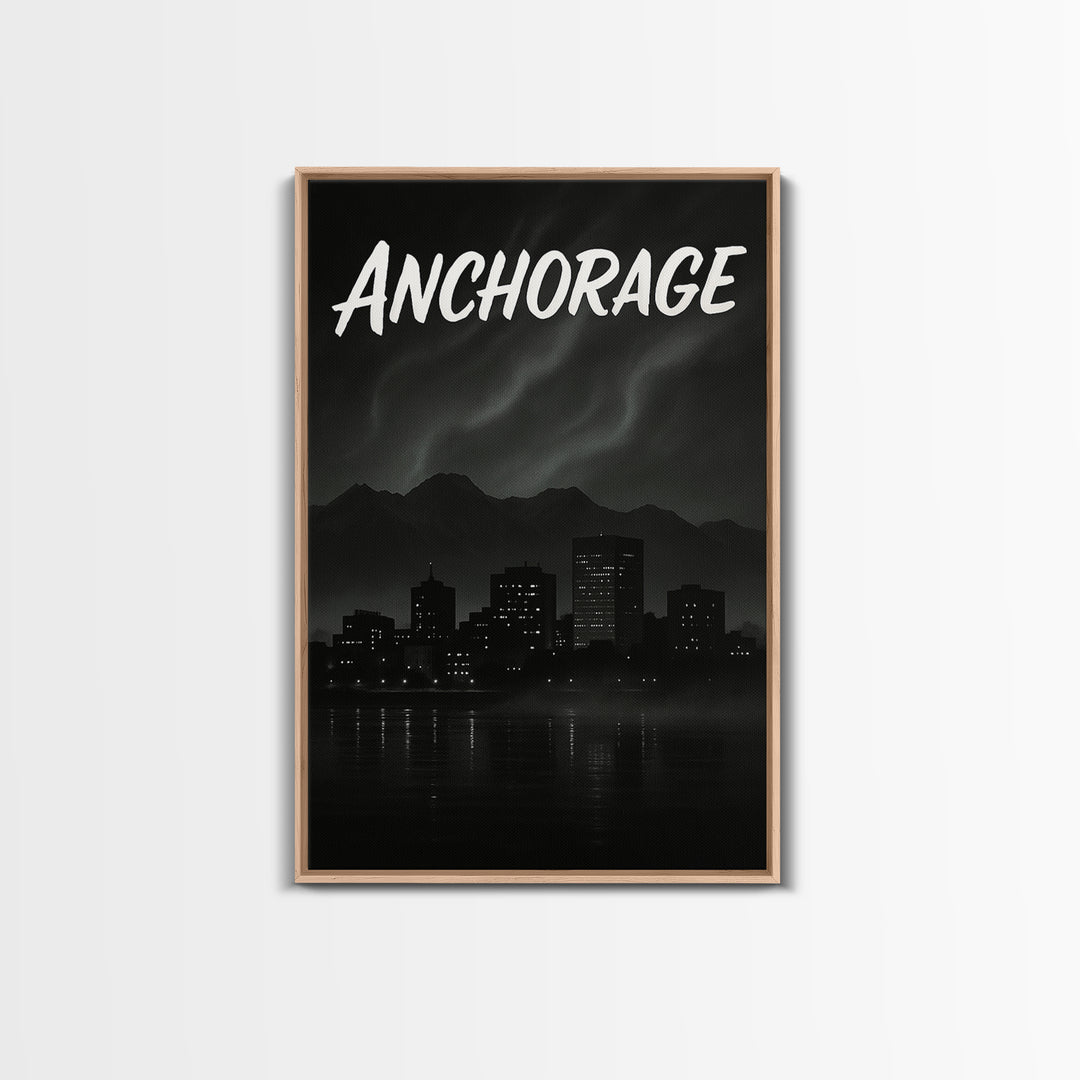 Anchorage Alaska Travel Poster, Canvas Print, Dark Moody City Wall Art, Anchorage Wall Art, Gift For Travelers, Mid Century Wall Art