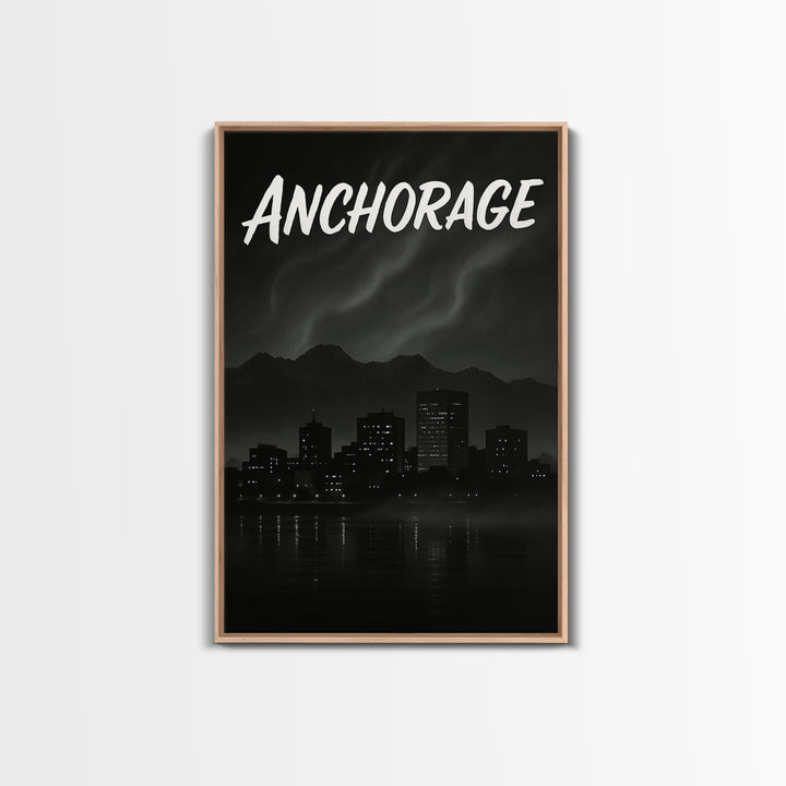 Anchorage Alaska Travel Poster, Canvas Print, Dark Moody City Wall Art, Anchorage Wall Art, Gift For Travelers, Mid Century Wall Art
