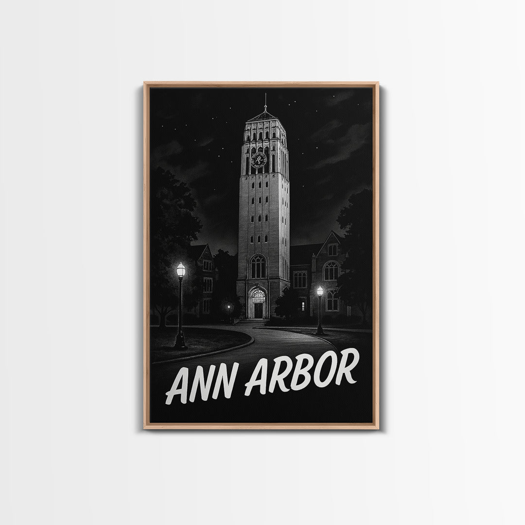 Ann Arbor Travel Poster, Framed Canvas Print, Night Street Poster Art, Ann Arbor Poster Print, Vintage Travel Print, Vintage Travel Art
