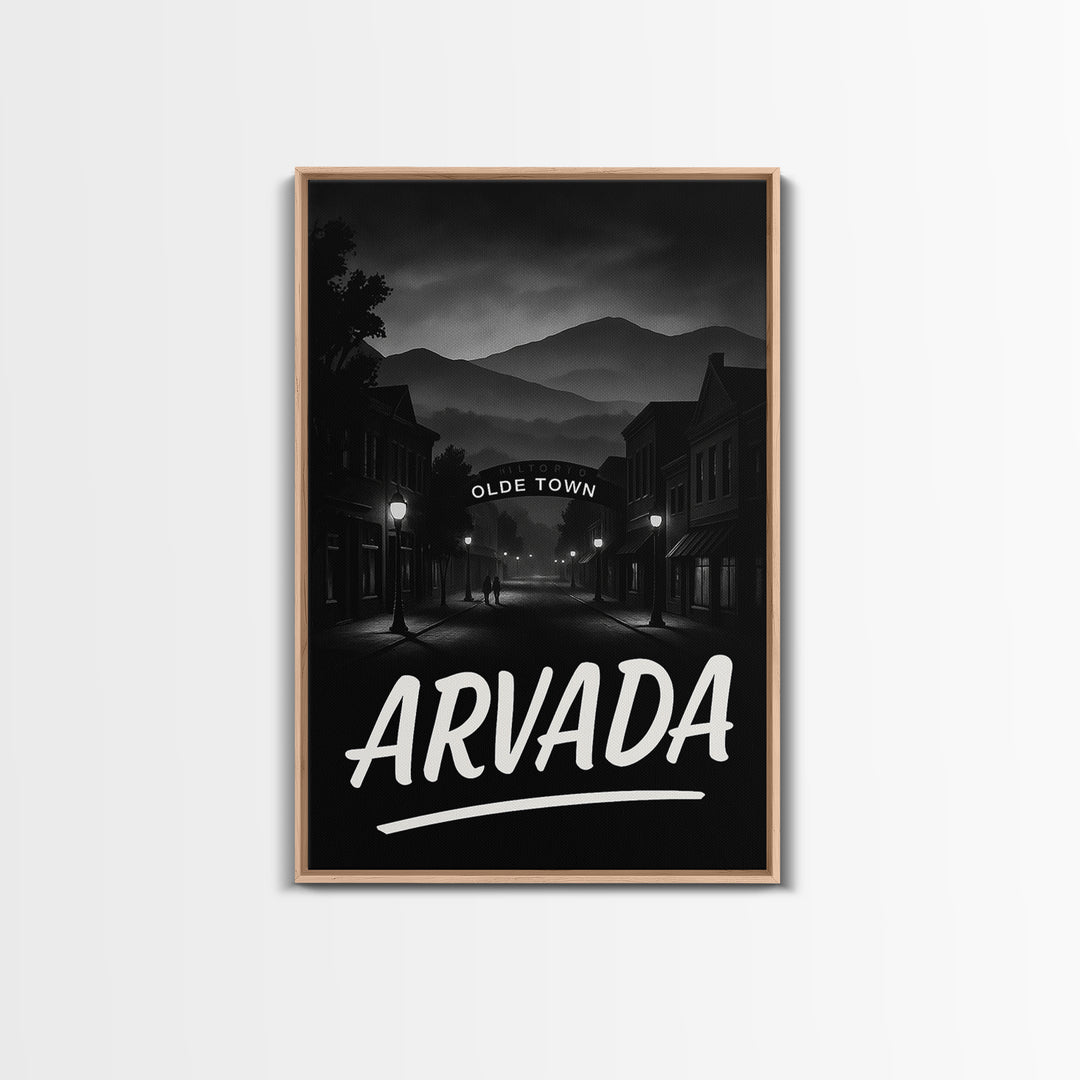 Arvada Travel Poster, Framed Canvas Print, Black And White Travel Art, Arvada Poster Print, City Art Print, Watercolor Downtown Skyline