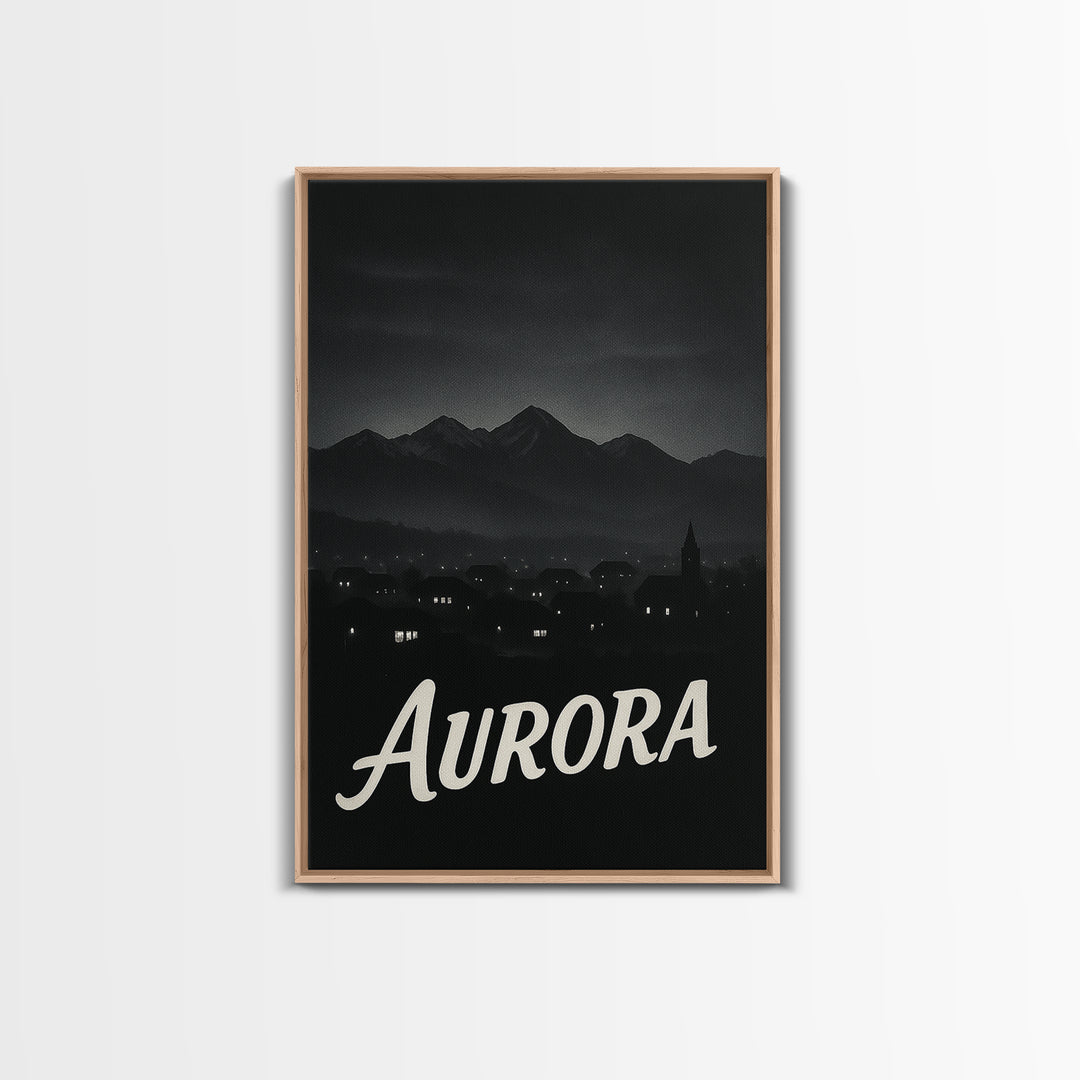 Aurora Travel Poster, Framed Canvas Print, Dark Moody City Wall Art, Aurora Poster Print, Vintage Travel Art, City Art Print, Poster Art