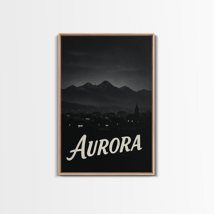 Aurora Travel Poster, Framed Canvas Print, Dark Moody City Wall Art, Aurora Poster Print, Vintage Travel Art, City Art Print, Poster Art