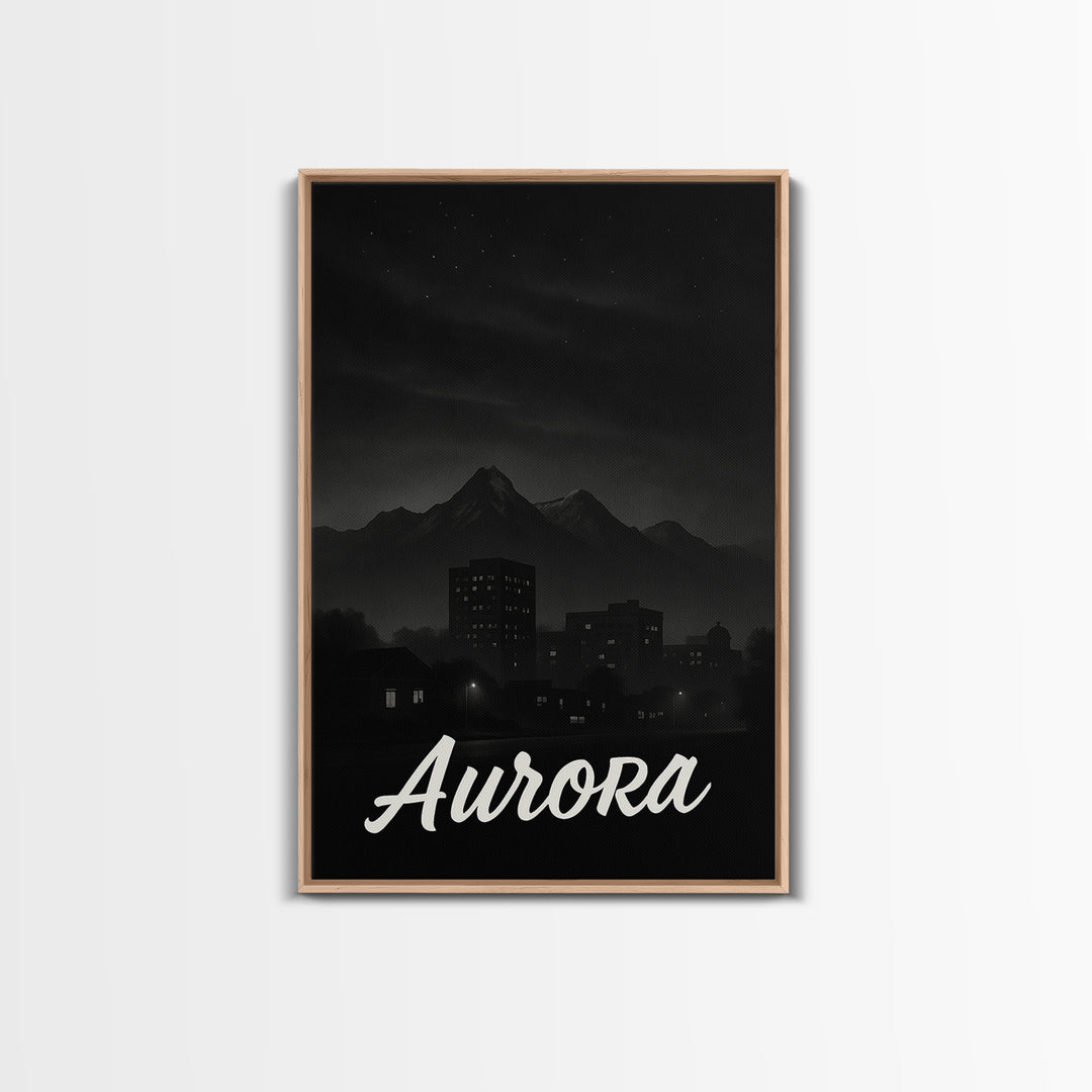Aurora Travel Poster, Framed Canvas Print, Dark Moody City Wall Art, Aurora Art Print, Travel Wall Art, Vintage City Poster, Travel Gift