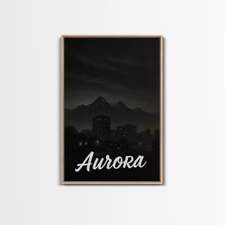 Aurora Travel Poster, Framed Canvas Print, Dark Moody City Wall Art, Aurora Art Print, Travel Wall Art, Vintage City Poster, Travel Gift