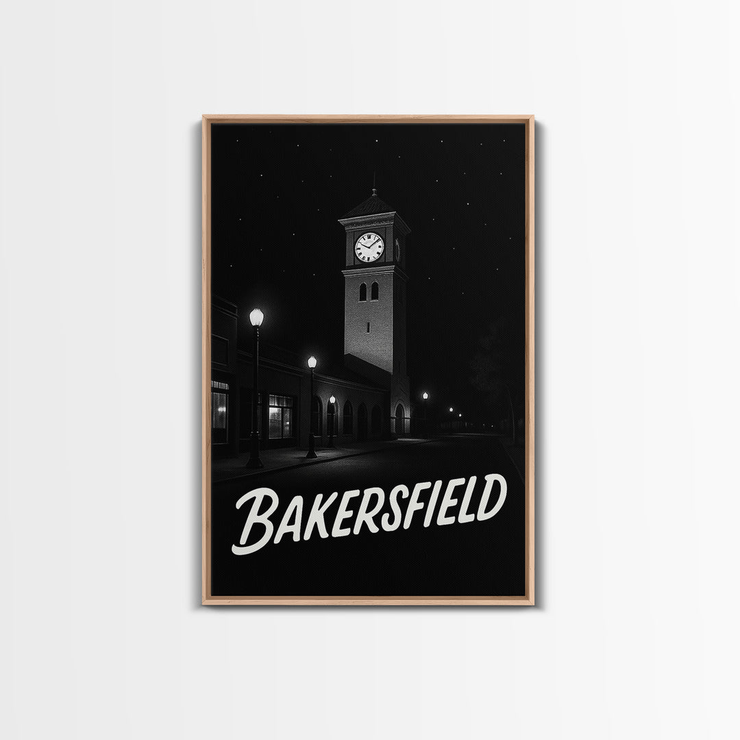 Bakersfield Travel Poster, Framed Canvas Print, Vintage Noir Poster Art, Bakersfield City Art, Vintage City Poster, Mid Century Wall Art