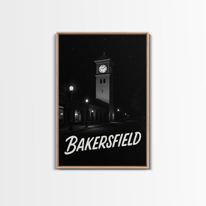 Bakersfield Travel Poster, Framed Canvas Print, Vintage Noir Poster Art, Bakersfield City Art, Vintage City Poster, Mid Century Wall Art