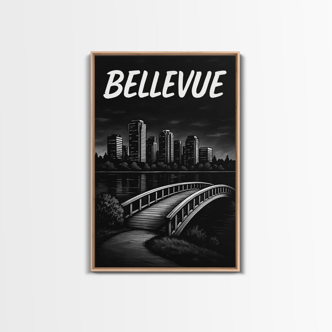 Bellevue Travel Poster, Framed Canvas Print, Black And White Travel Art, Bellevue Wall Art, Modern Wall Decor, Travel Art Print