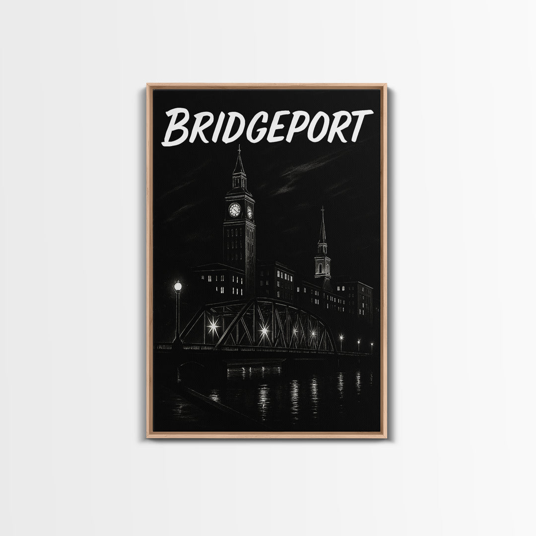 Bridgeport Travel Poster, Framed Canvas Print, Dark Moody City Wall Art, Bridgeport Poster Print, City Illustration, Vintage City Poster