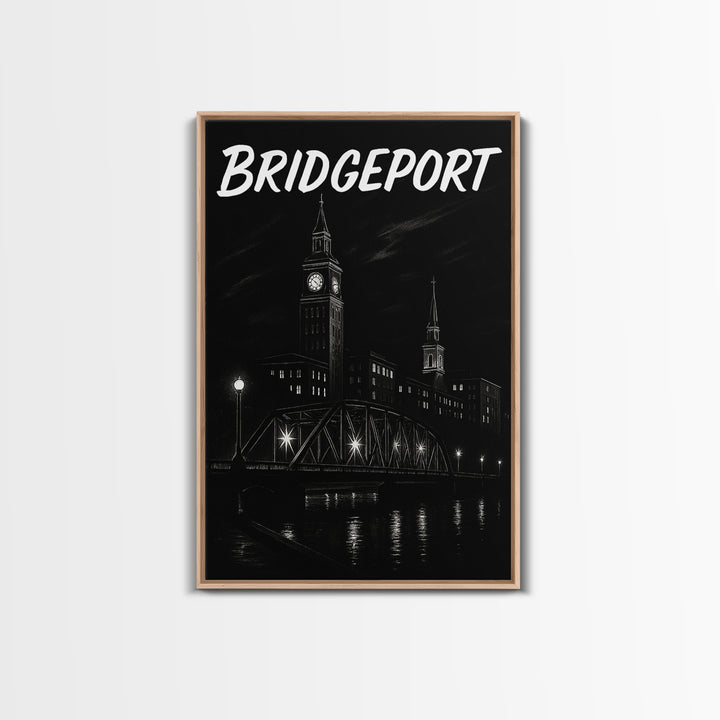 Bridgeport Travel Poster, Framed Canvas Print, Dark Moody City Wall Art, Bridgeport Poster Print, City Illustration, Vintage City Poster
