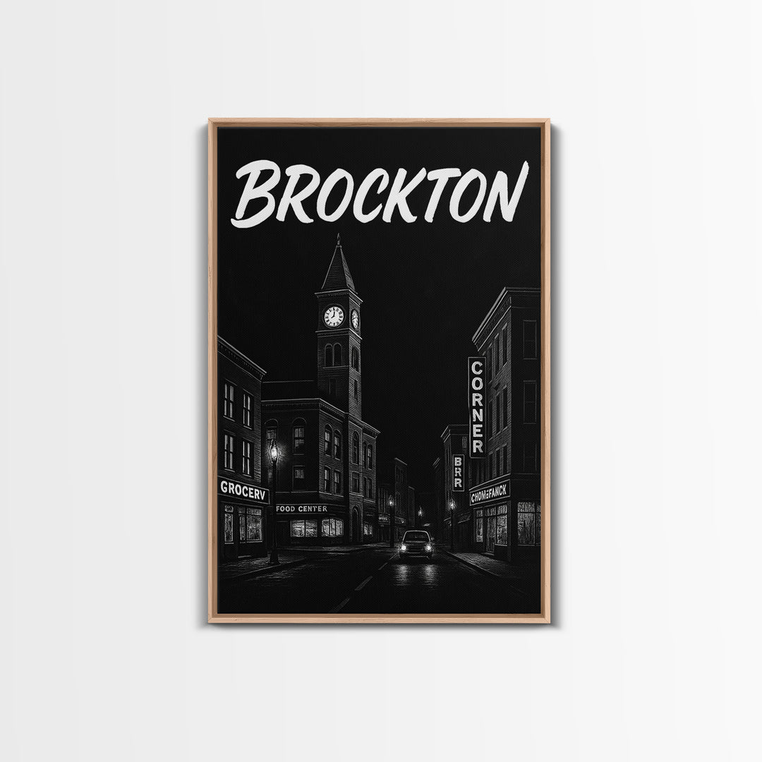 Brockton Travel Poster, Framed Canvas Print, Dark Moody City Wall Art, Brockton Wall Art, Travel Art Print, Fine Art Print, Landscape Art