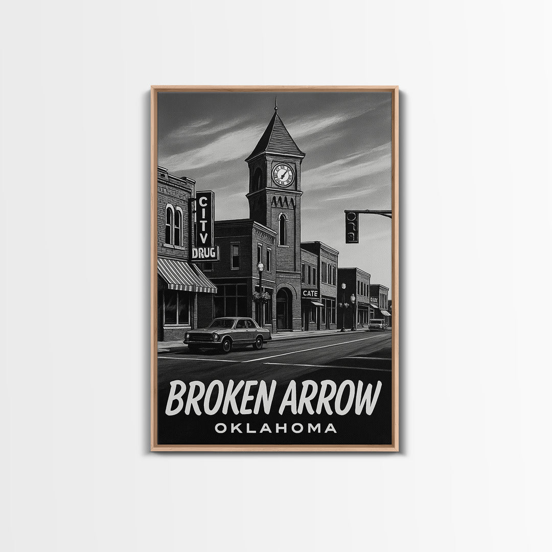 Broken Arrow Travel Poster, Framed Canvas Print, Dark Moody City Wall Art, Broken Arrow Art Print, Mid Century Wall Art, City Art Print