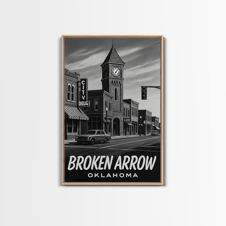 Broken Arrow Travel Poster, Framed Canvas Print, Dark Moody City Wall Art, Broken Arrow Art Print, Mid Century Wall Art, City Art Print