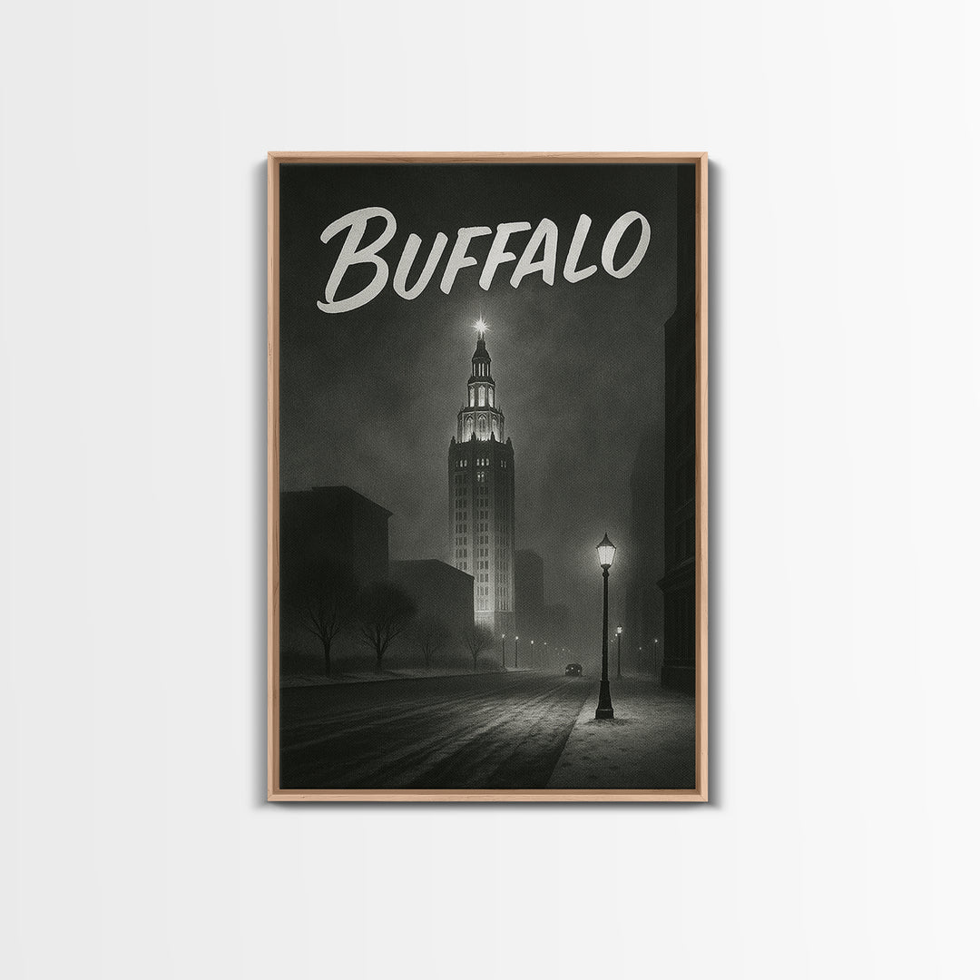 Buffalo Travel Poster, Framed Canvas Print, Dark Moody City Wall Art, Buffalo Poster Print, City Art Print, Vintage City Art, Art Print