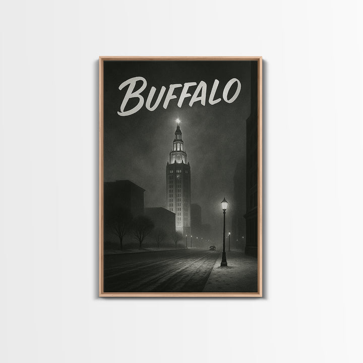 Buffalo Travel Poster, Framed Canvas Print, Dark Moody City Wall Art, Buffalo Poster Print, City Art Print, Vintage City Art, Art Print