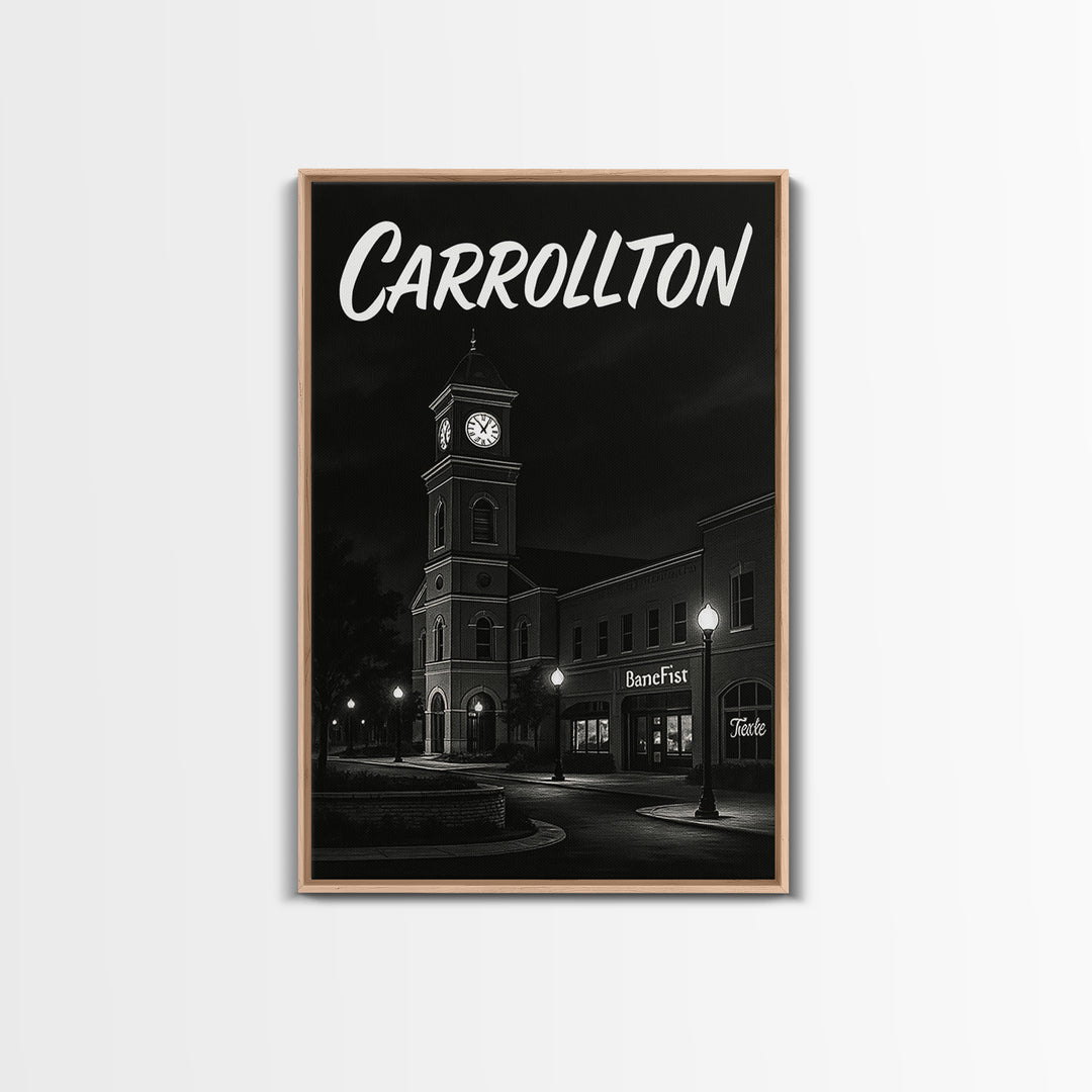 Carrollton Texas Travel Poster, Framed Canvas Print, Night Street Poster Art, Carrollton Art Print, Fine Art Print, Eclectic Wall Decor